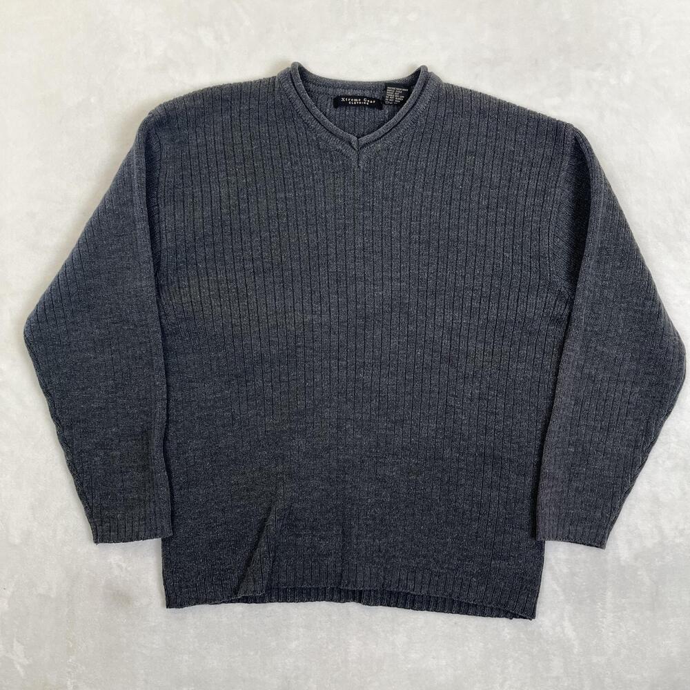 VTG Extreme Gear Sweater Mens Large Gray V Neck Knit Pullover Long Sleeve Y2K